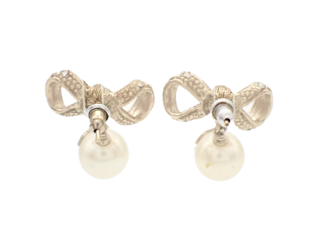 6811 - Chanel CC Pearl Ribbon Bow Earrings - Gold Tone & Crystal