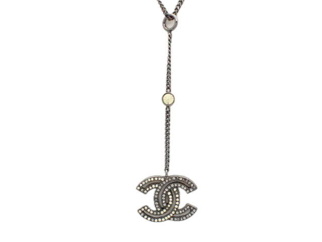 6815 - Vintage Chanel 03P CC Rhinestone Black Necklace Gunmetal Lariat