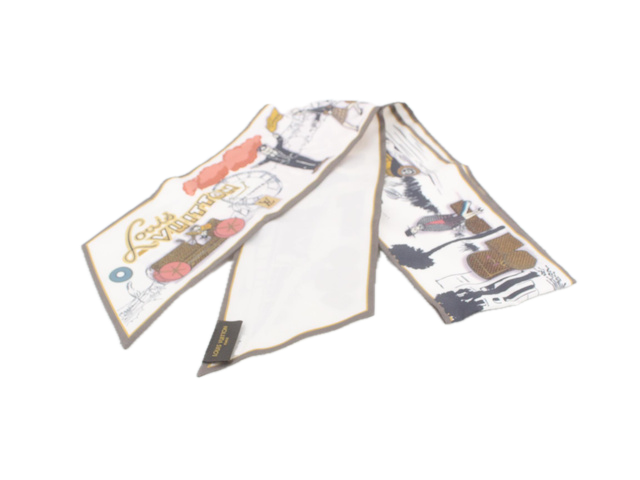 6817 - Louis Vuitton Silk Bandeau White Voyage Travel Print Bag Scarf