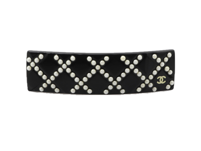 6820 - Chanel 09C Cruise 2009 Black Resin Faux Pearl Quilted CC Barrette