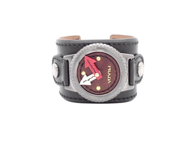 6877 - Prada Black Leather Wide Cuff Bracelet Watch Dial Motif