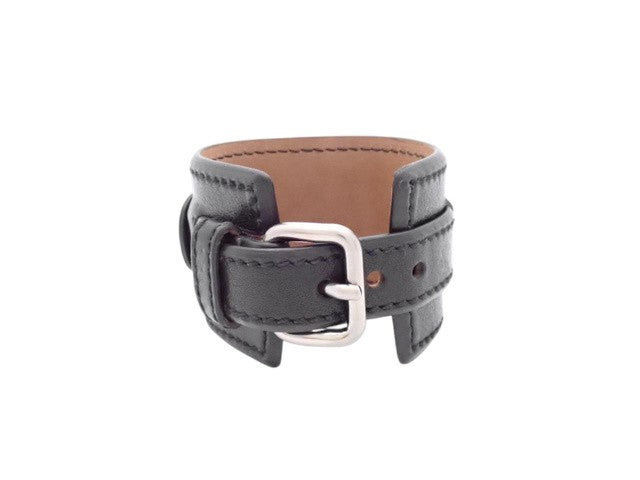 6877 - Prada Black Leather Wide Cuff Bracelet Watch Dial Motif