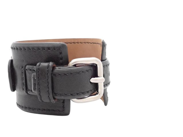6877 - Prada Black Leather Wide Cuff Bracelet Watch Dial Motif