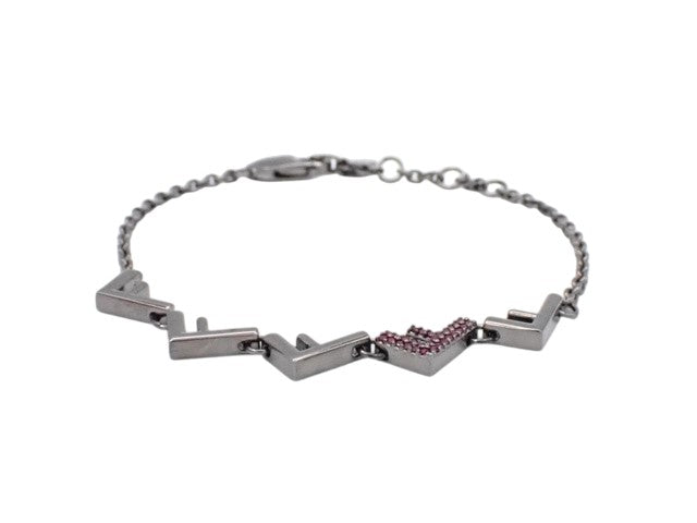 6886 - Fendi Five Bracelet Ruthenium Silver Chain Pink Crystal F Logo