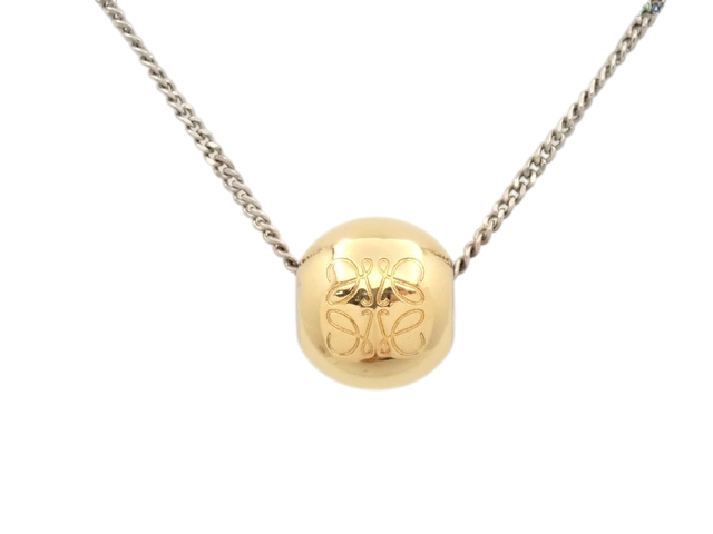 6894 - Loewe Anagram Ball Pendant Necklace 925 Sterling Silver Gold Plated Curb Chain