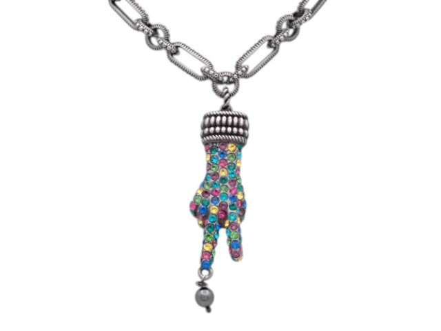 7506 - Gucci Faux Pearl & Crystal Hand Pendant Necklace Star Charm Multicolor