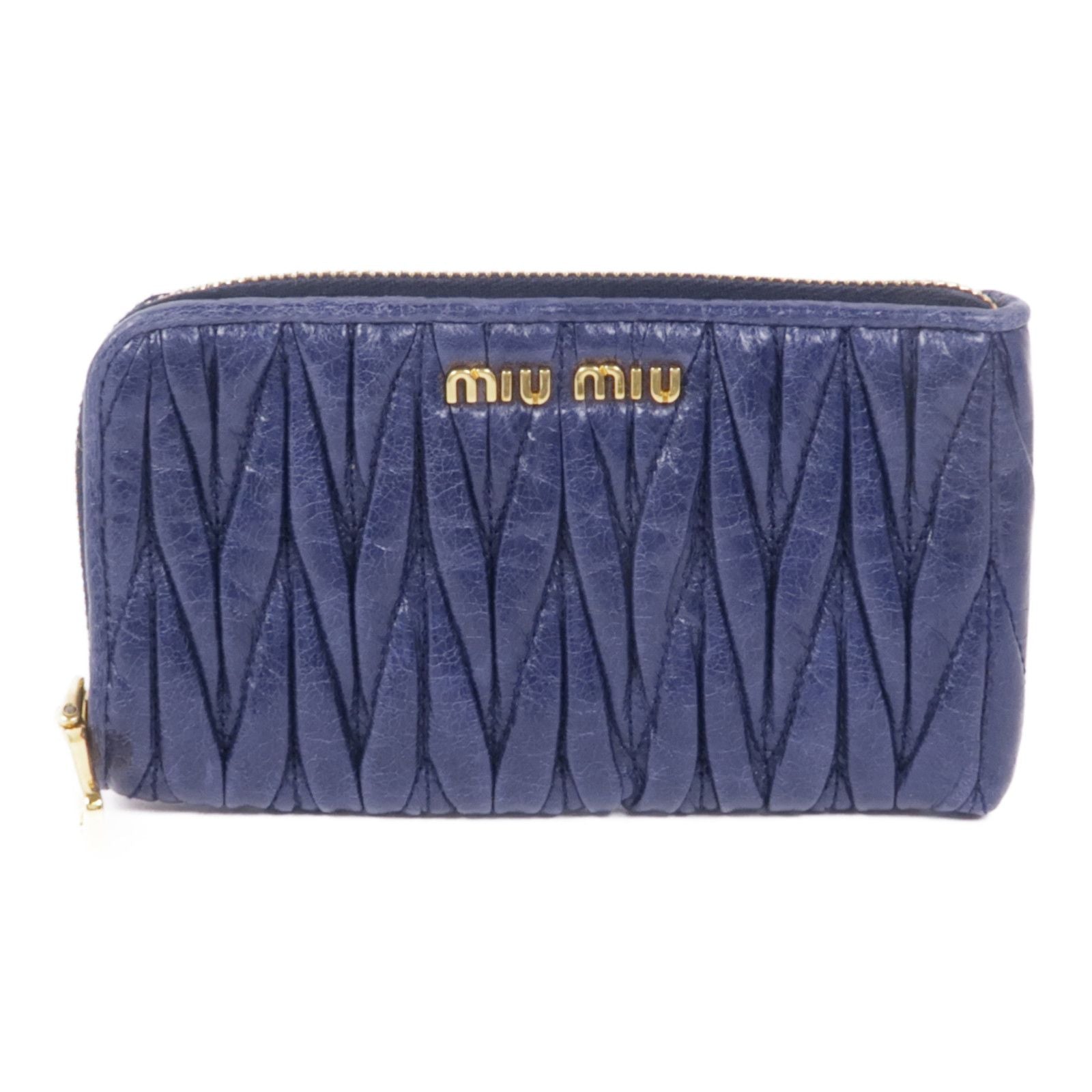 MIU MIU Card Case Crinkled Calfskin Blue