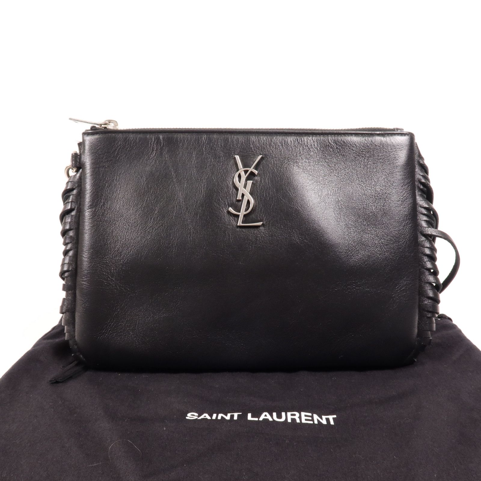 6940 - Saint Laurent Side Fringe Clutch With Strap Black