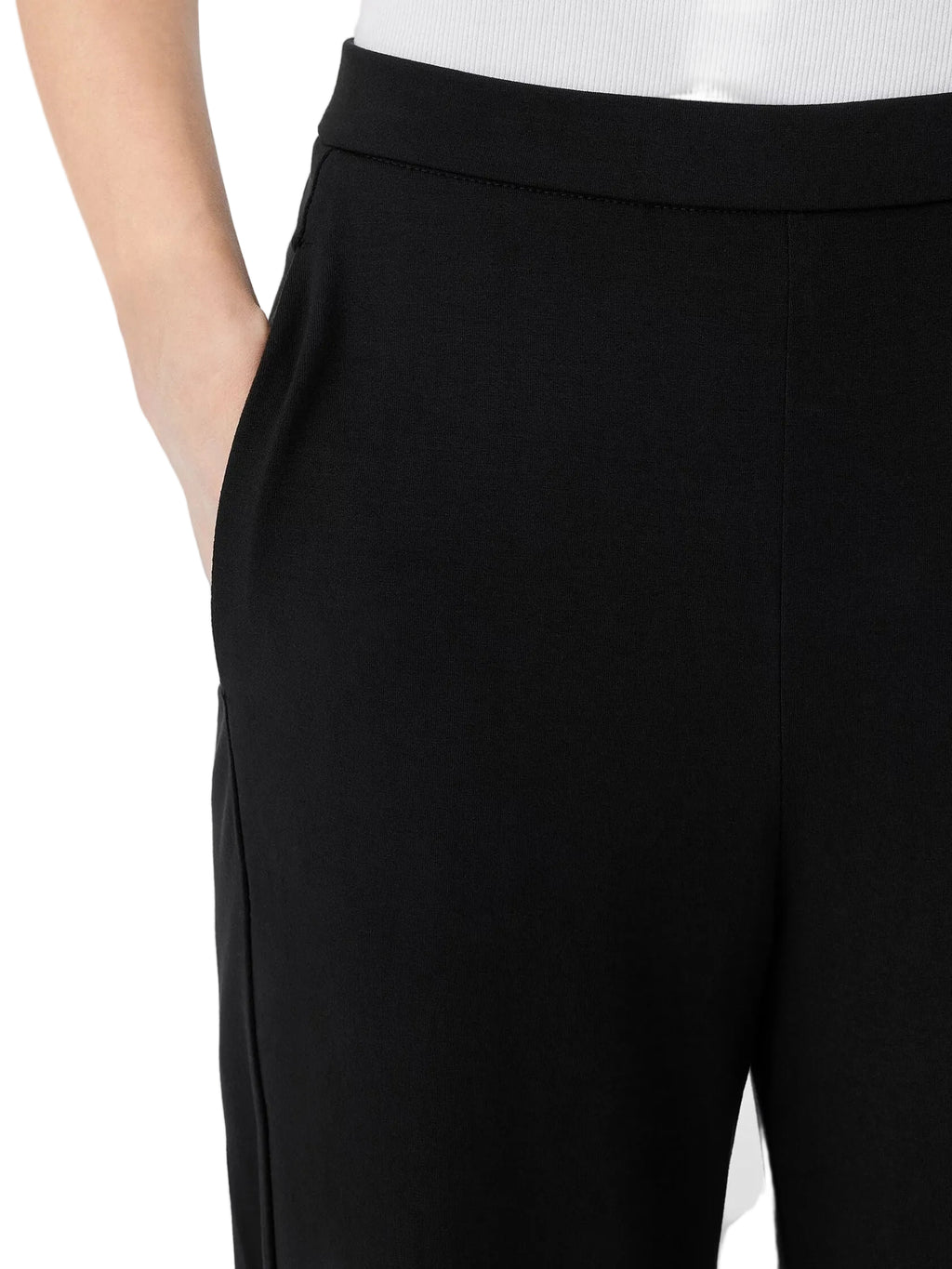 Close-up of black pants on a plain background