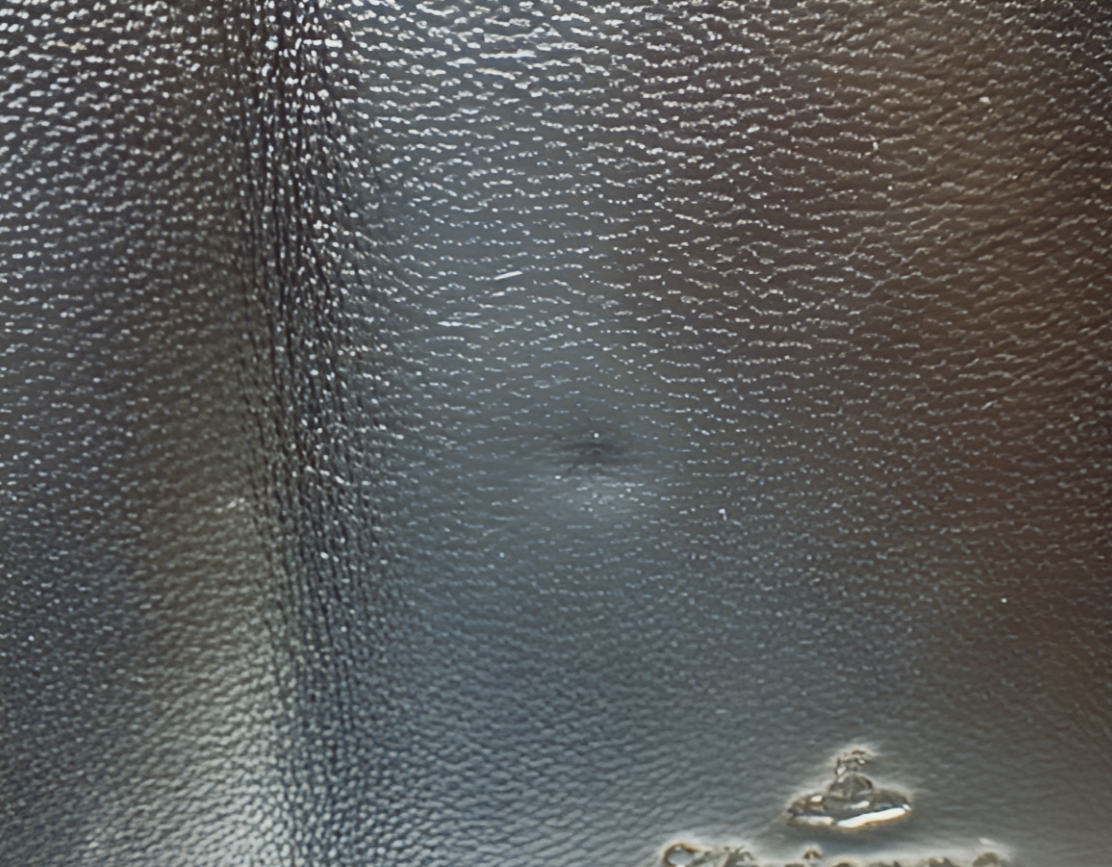 Close-up of a textured black leather surface with a brand logo.