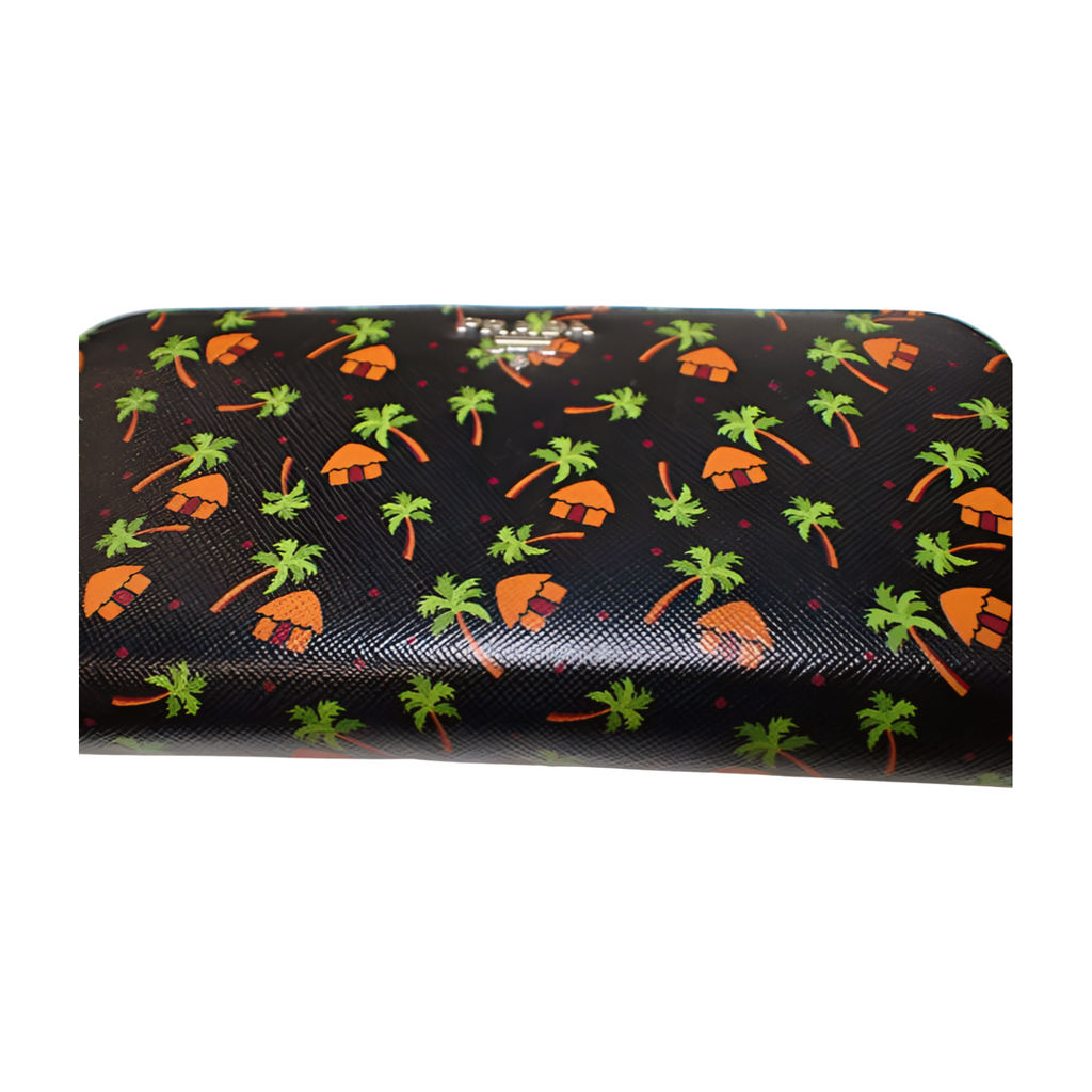 6288 Prada Saffiano Leather Palm Tree Zippy Wallet Long Wallet Black