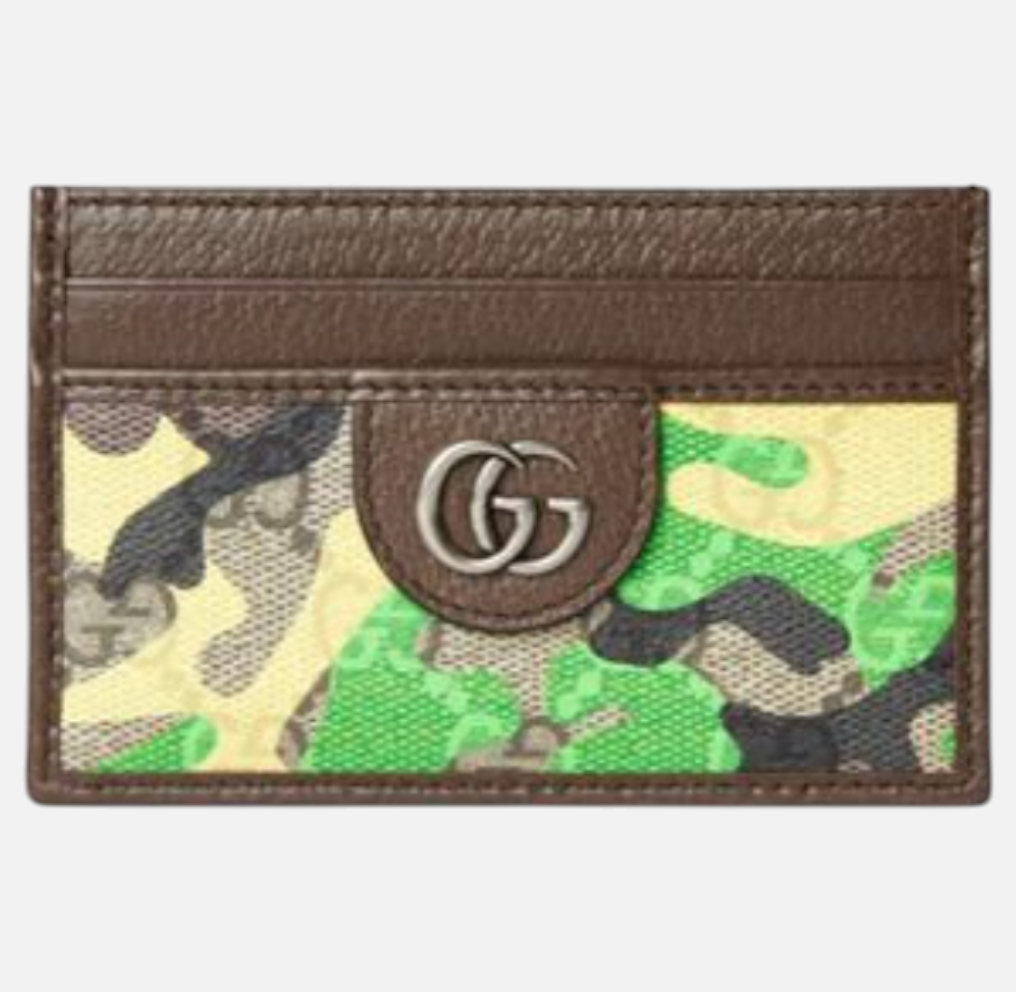 CURATED by Kira Gucci GG monogram cardholder in brown, green, and yellow camouflage coated canvas with silver logo