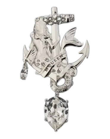 CURATED by Kira Alexander McQueen silver-tone anchor brooch featuring a mermaid motif and dangling crystal accents.