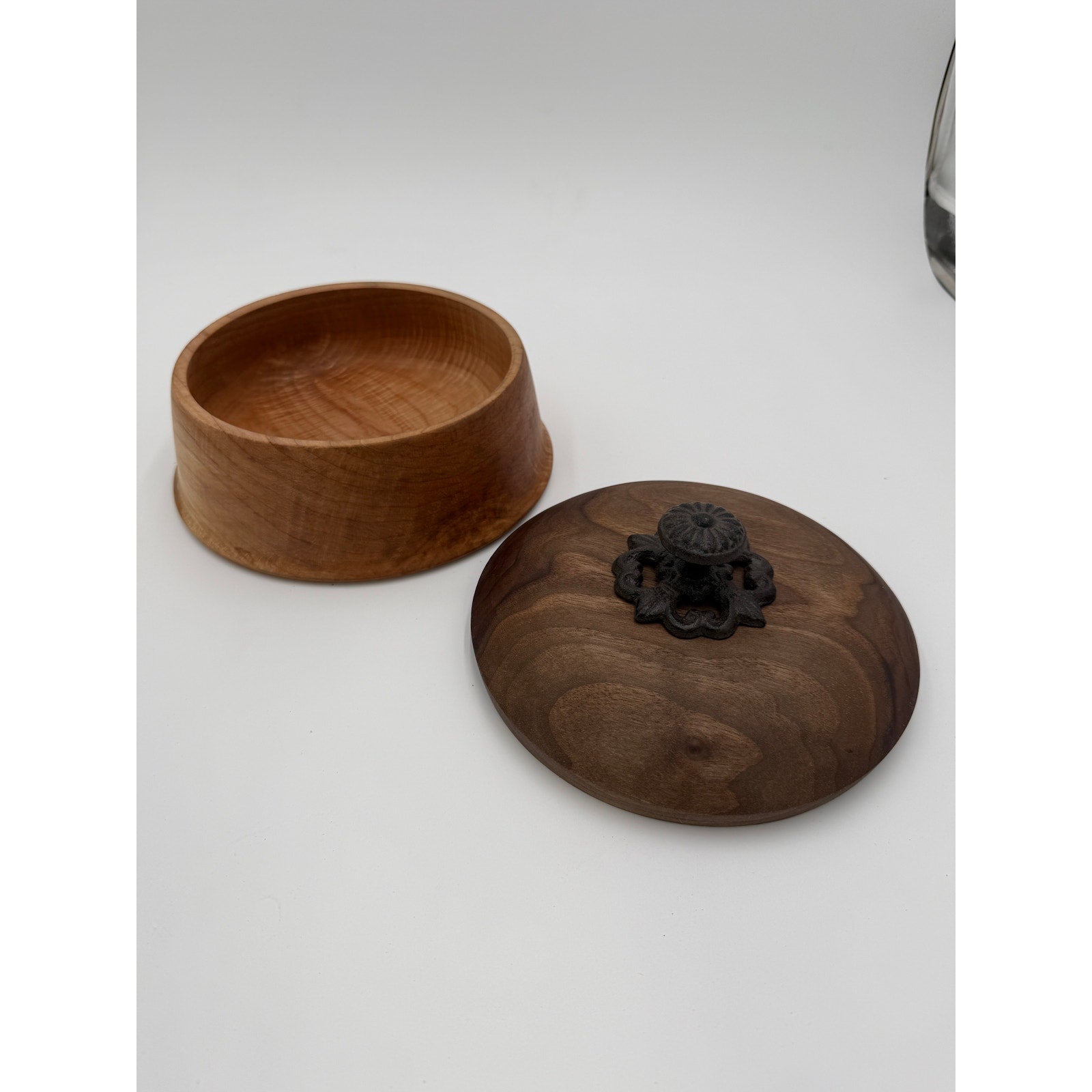Figured Maple Turned Bowl with Lid, Walnut Top, Wrought Iron Handle, SKU 1464