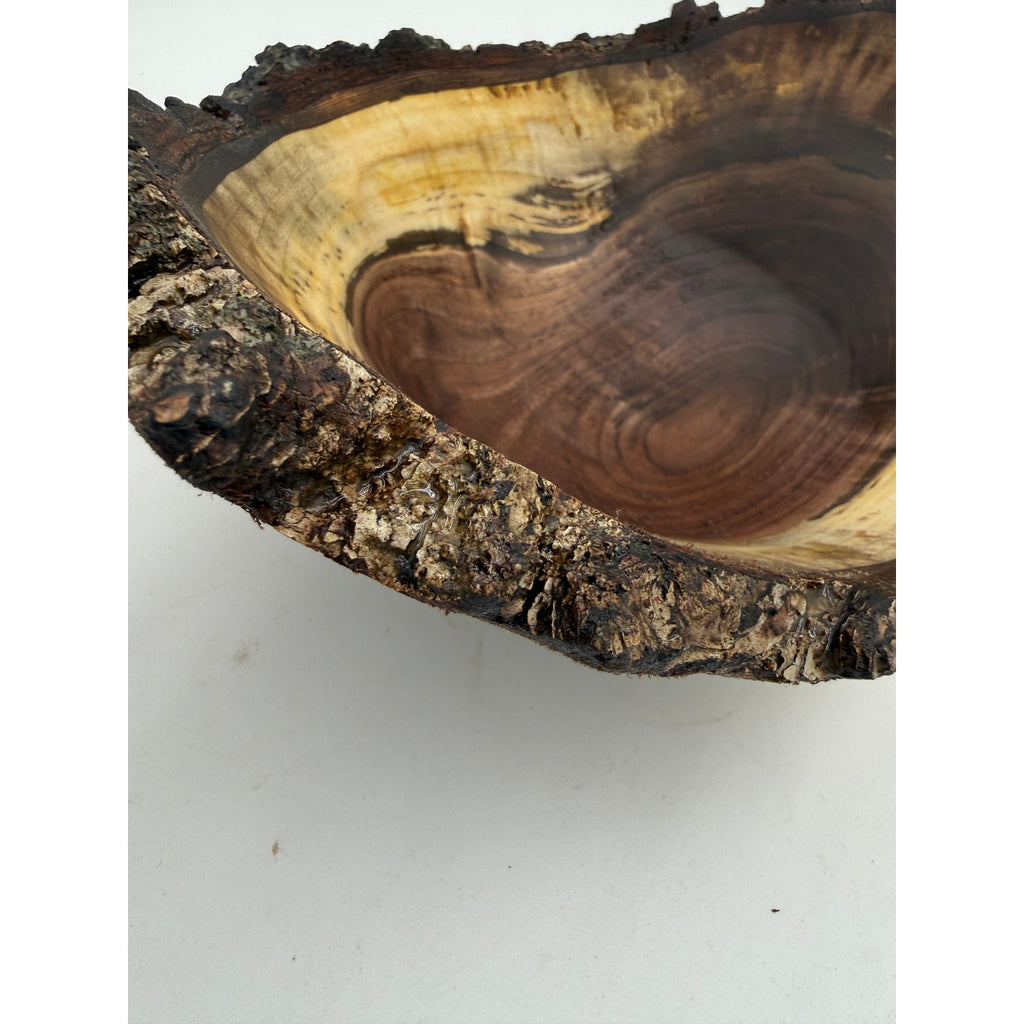 Live Edge Walnut Bark Rim Hand Turned Bowl, 11x8 size, 4.5 in tall, food safe finish, rustic centerpiece, artisan made