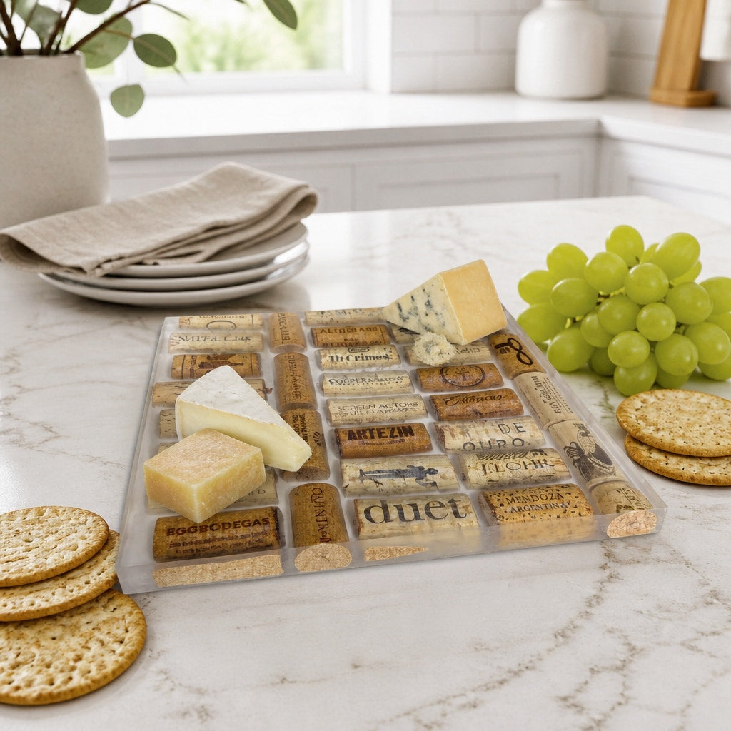 Handcrafted Wine Cork Charcuterie Board, Clear Epoxy, Compact Bar Board, SKU 1433