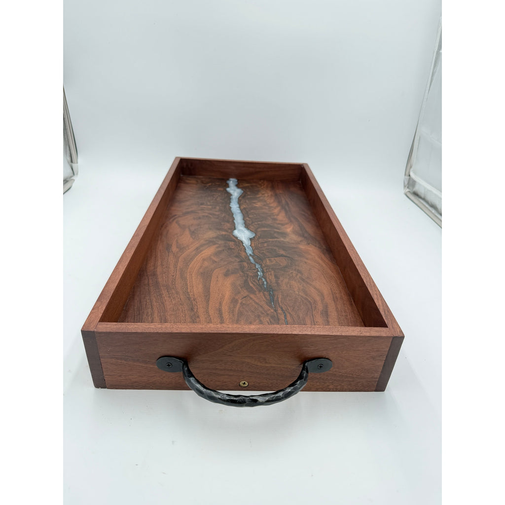 Walnut Burl Serving Tray with Pearl Epoxy accents, 22x11.75x3 size, wrought iron handles, food safe finish