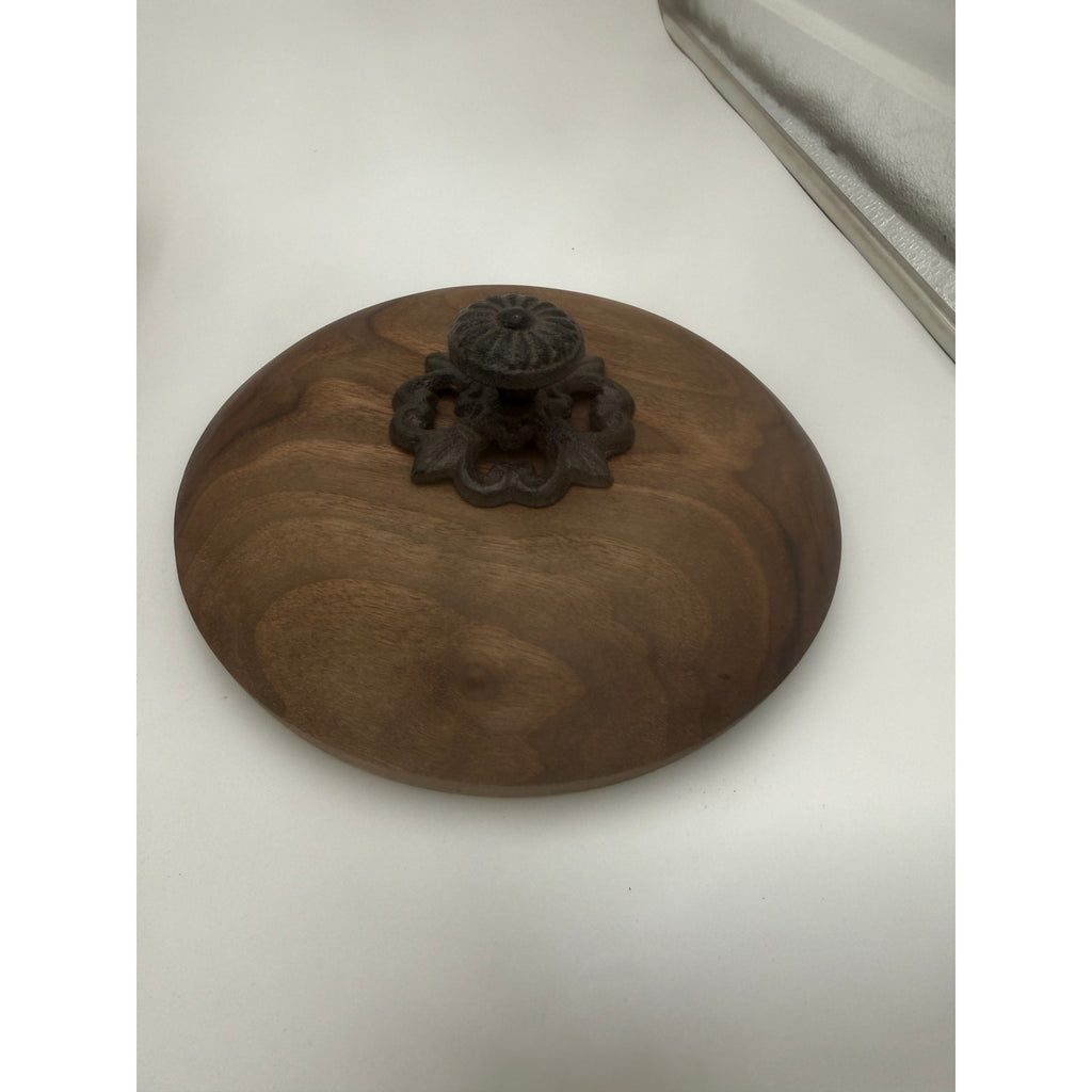 Figured Maple Turned Bowl with Lid, Walnut Top, Wrought Iron Handle, SKU 1464