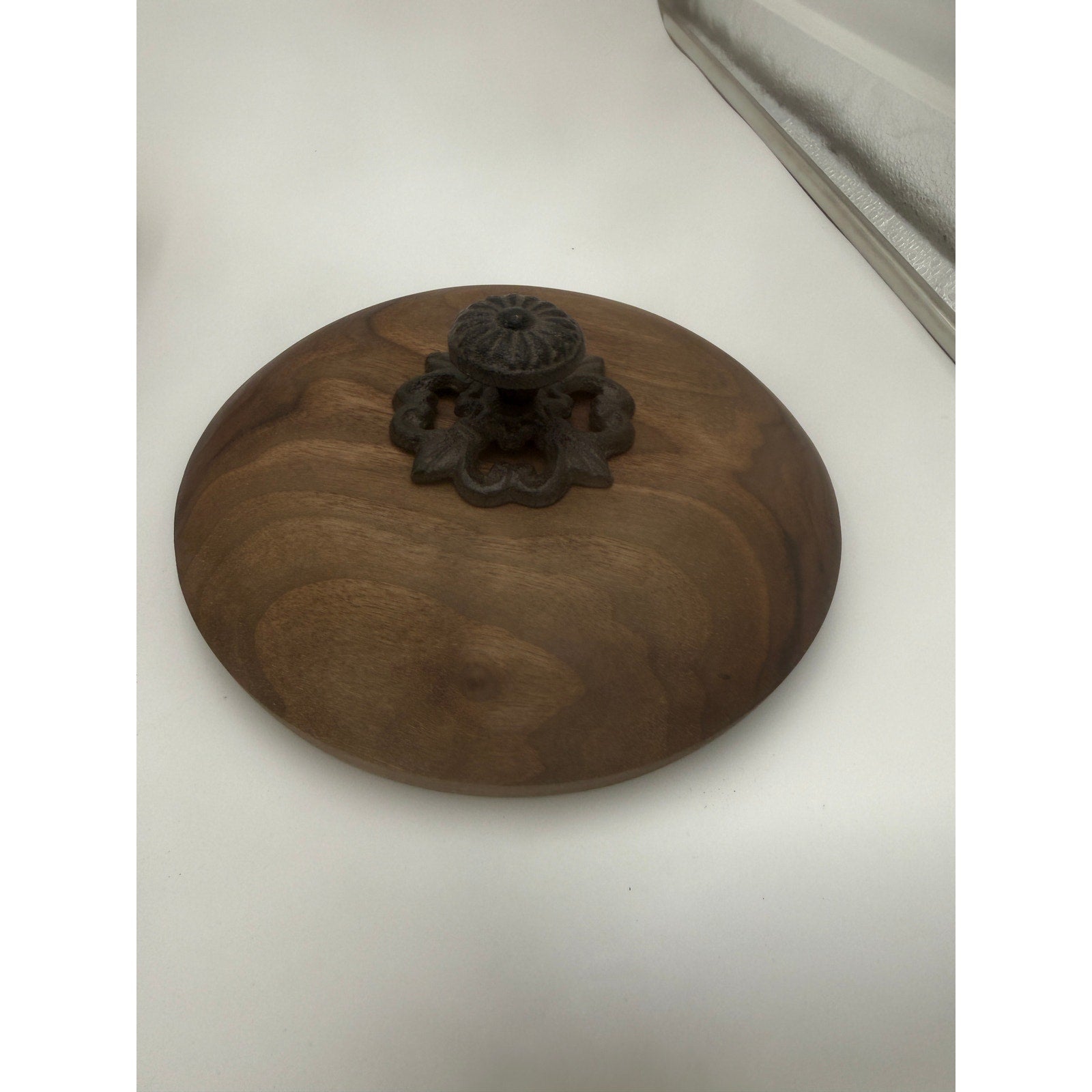 Figured Maple Turned Bowl with Lid, Walnut Top, Wrought Iron Handle, SKU 1464
