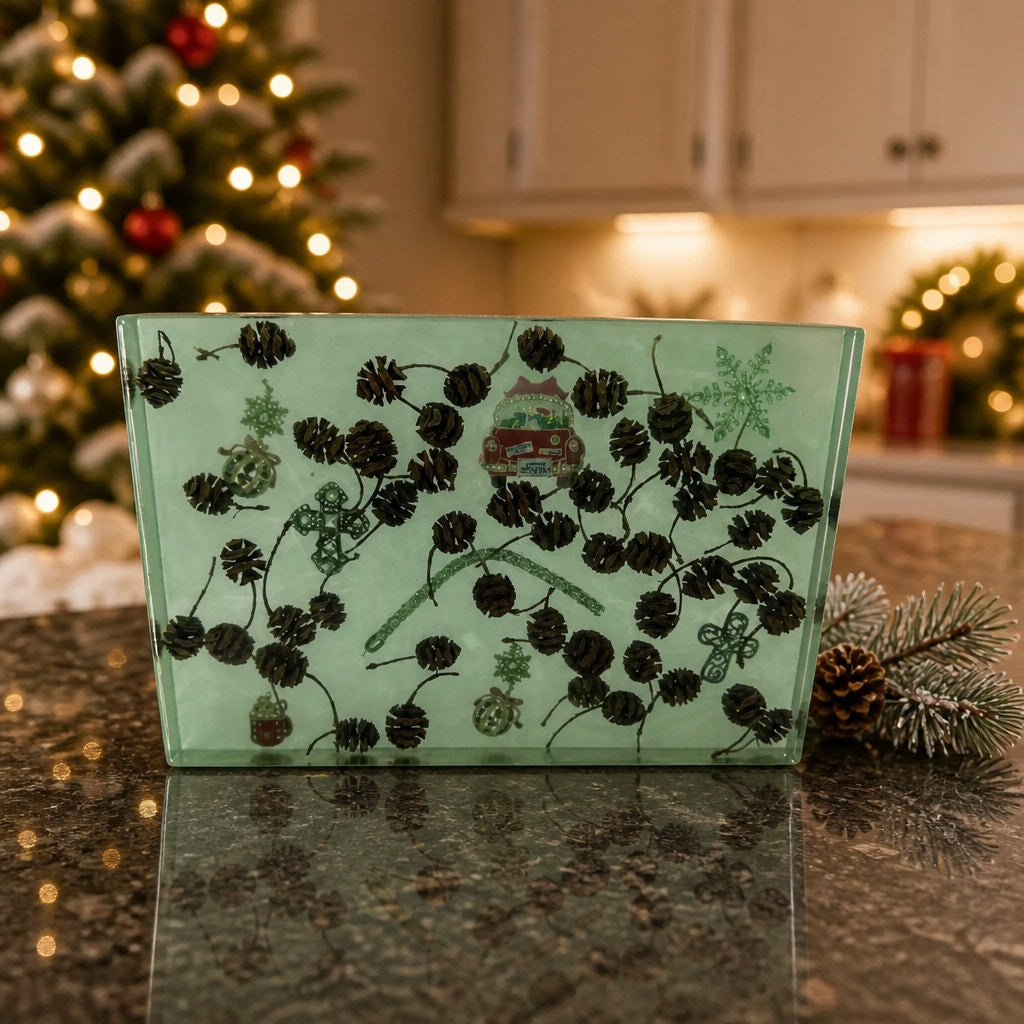 Christmas Theme Charcuterie Board, Green Epoxy, Pine Cone Accents, Handcrafted, 12x8x1.25