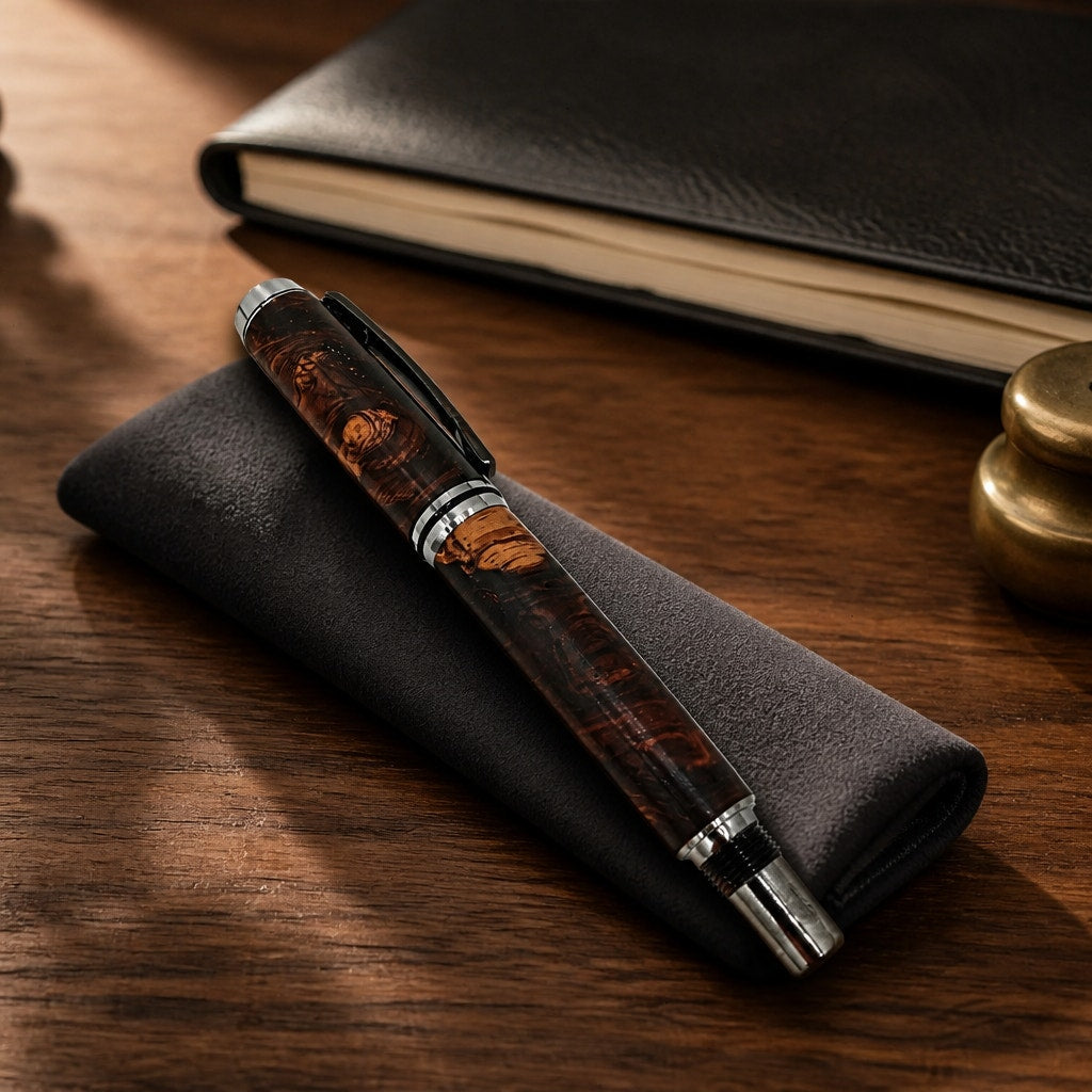Hand Turned Honduran Rosewood Burl Pen, black titanium hardware, rollerball ink, handcrafted gift, executive writing pen
