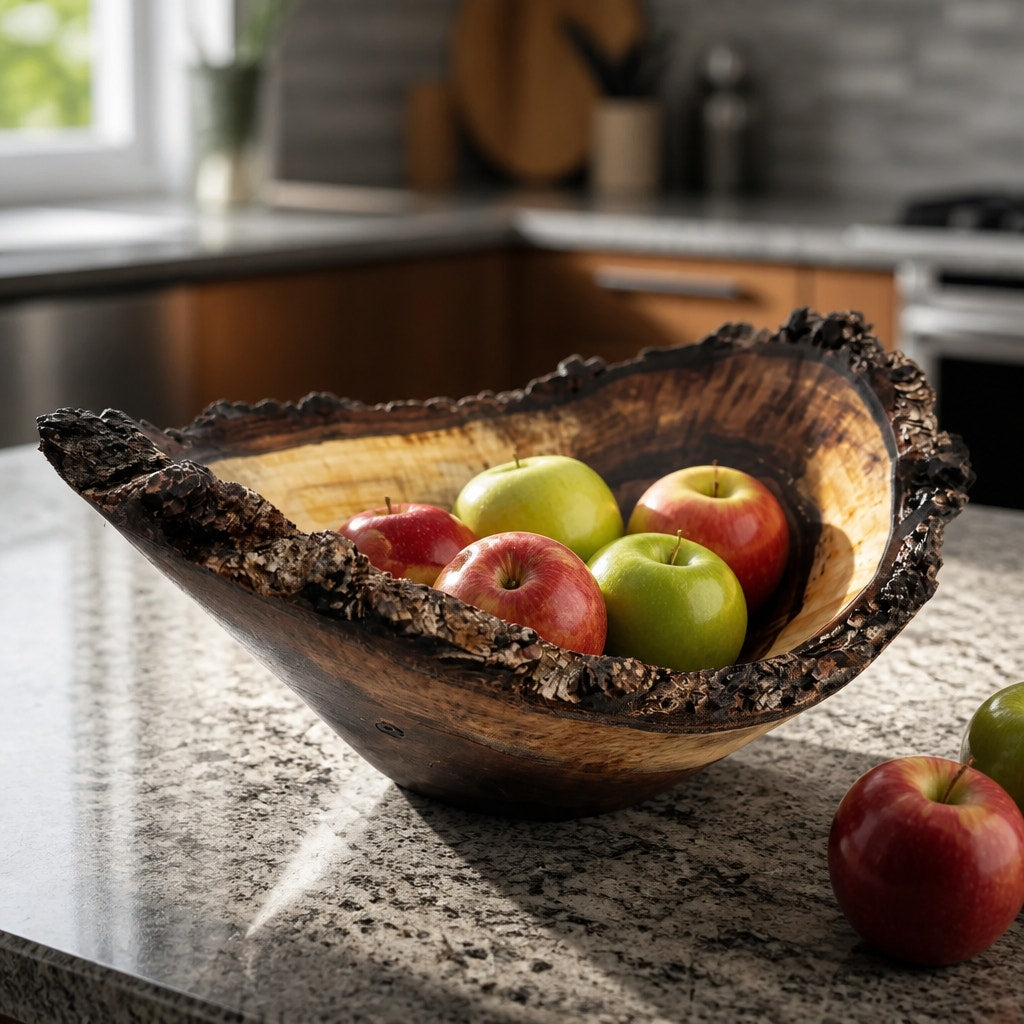 Live Edge Walnut Bark Rim Hand Turned Bowl, 11x8 size, 4.5 in tall, food safe finish, rustic centerpiece, artisan made