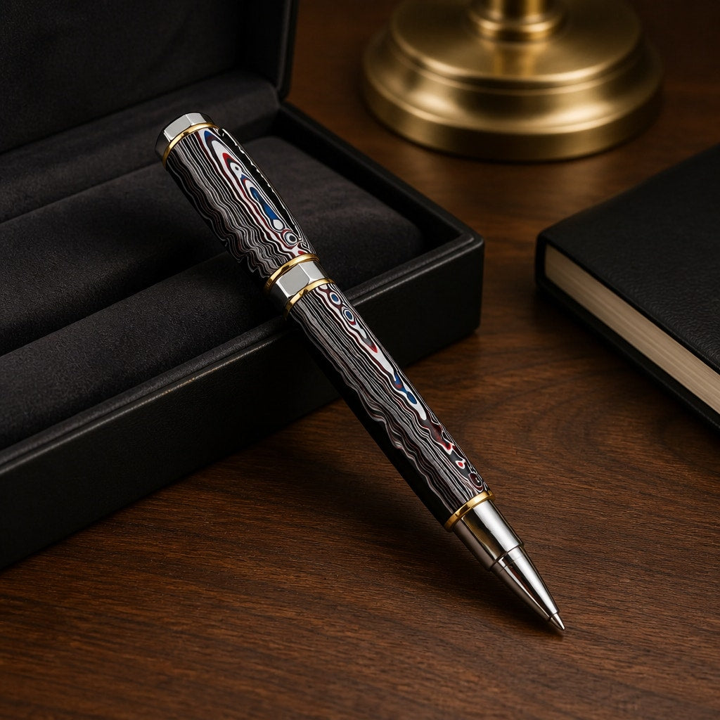 Hand Turned Fordite Rollerball Pen Gift Set, executive gift, hand crafted, rare fordite barrel, smooth writing, upgradeable refill