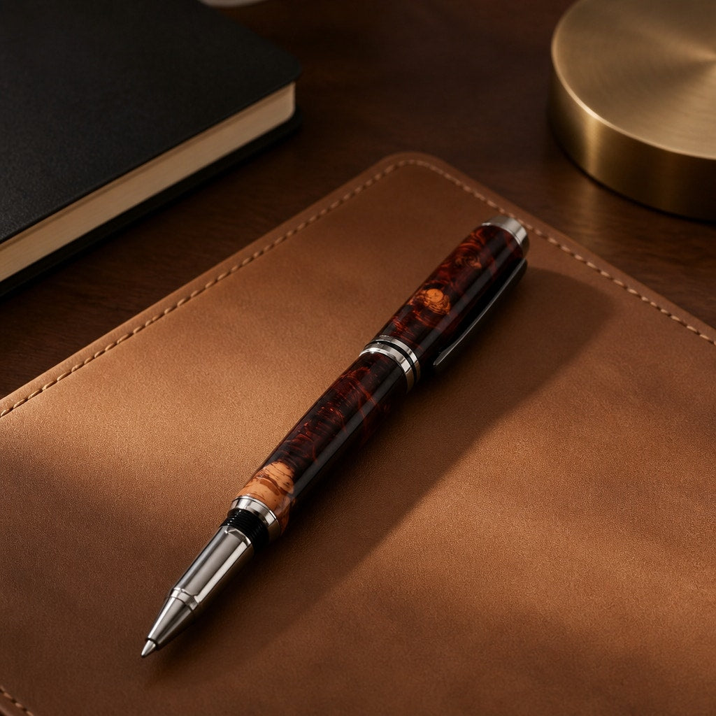 Hand Turned Honduran Rosewood Burl Pen, black titanium hardware, rollerball ink, handcrafted gift, executive writing pen