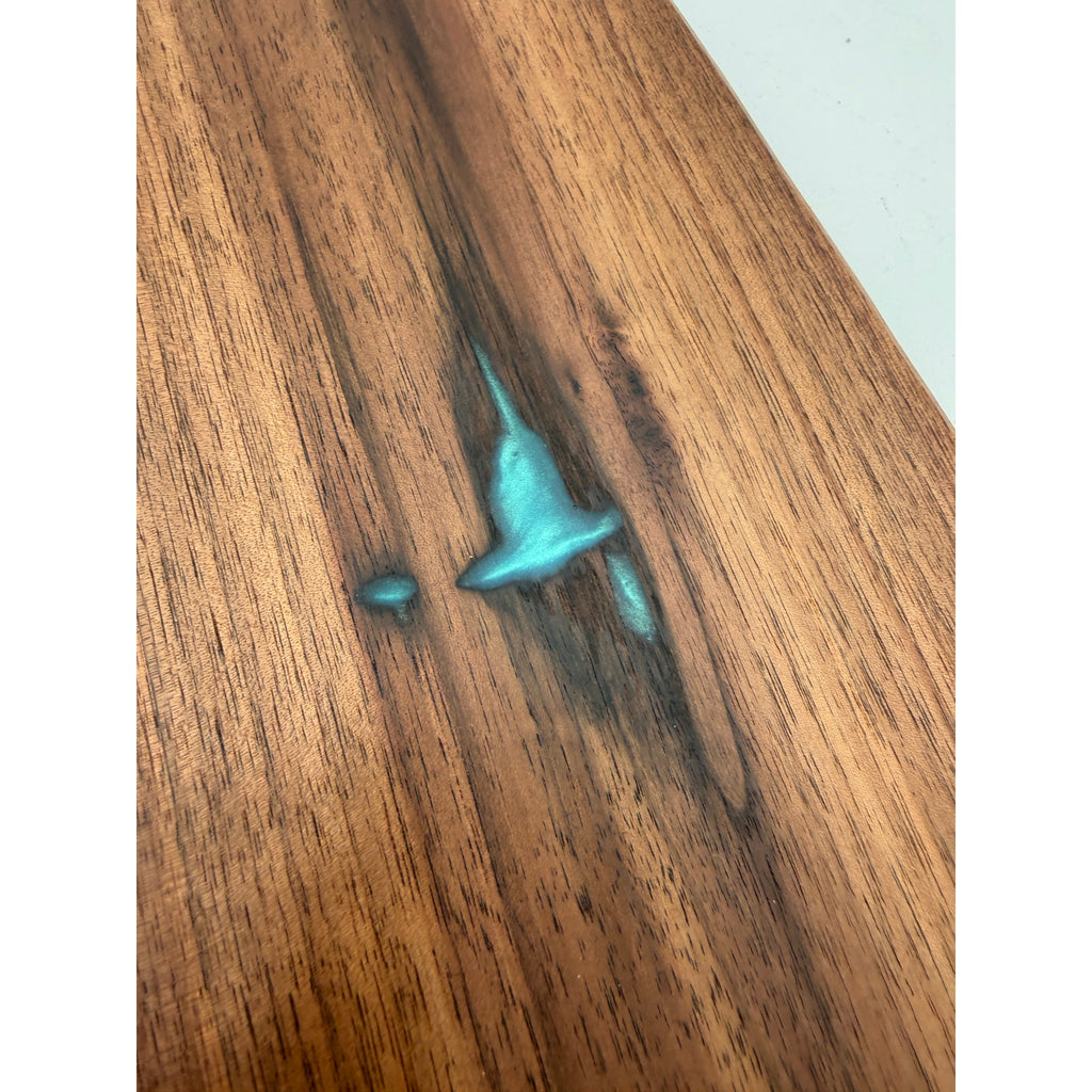 Walnut Charcuterie Board with Turquoise Inlay, 23 x 5.5 x 0.875 inches, food safe finish, handmade serving board, resin accent cheese tray