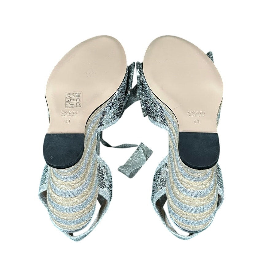 Gucci Silver Sequin Espadrille Platform Sandals Bow Cosmogonie Sz 41 NIB