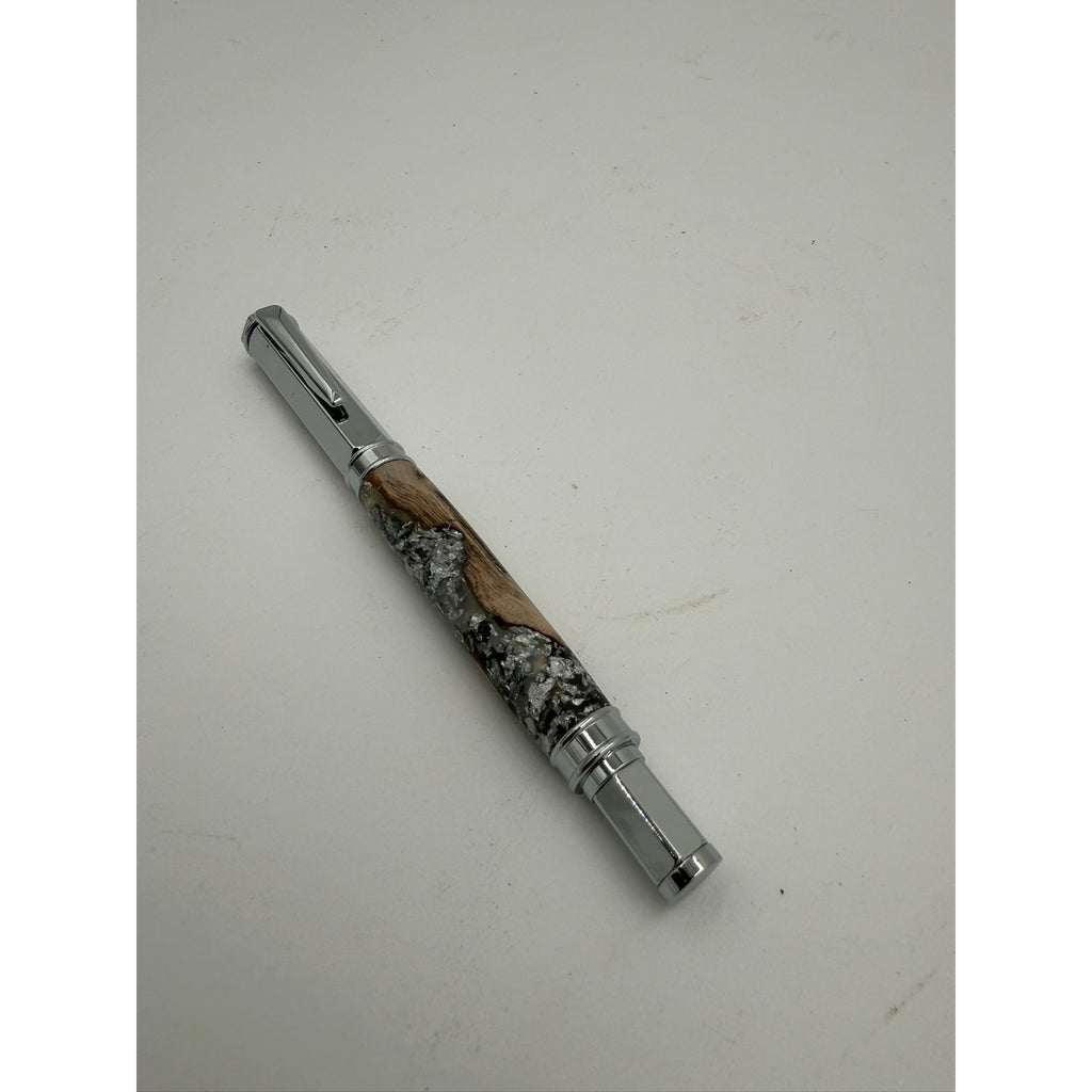 Hand Turned Fountain Pen with Silver Accents, epoxy barrel with silver flake and grapevine, includes ink pump and cartridge, handmade gift