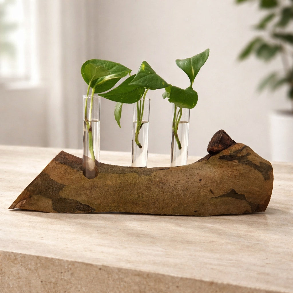 Rustic Log Propagation Station with Glass Tubes, bud vase display, rooted cuttings holder, dried flower centerpiece, farmhouse decor