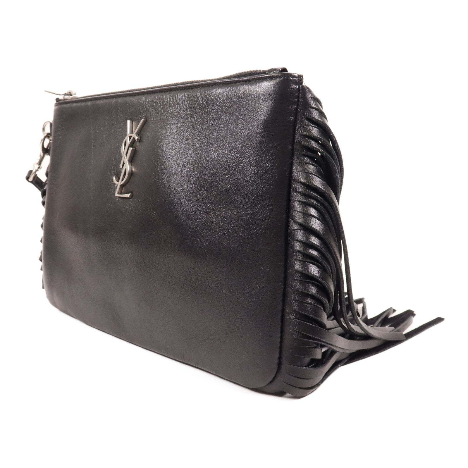 6940 - Saint Laurent Side Fringe Clutch With Strap Black
