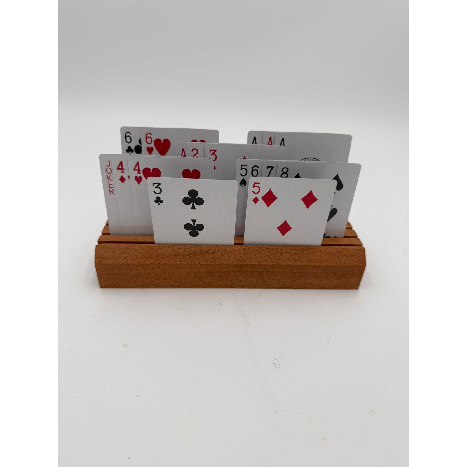 Handcrafted Wooden Playing Card Holder rack, 4-7 slot organizer, tabletop game accessory, bridge and poker aid