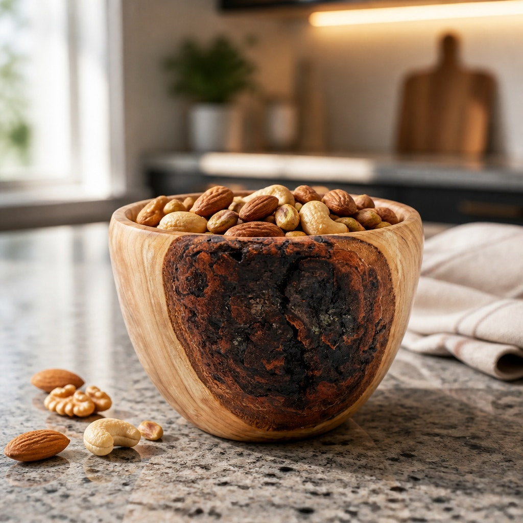Hand Turned Cherry Wood Bowl with Live Edge, bark inclusion accent, from salvaged cherry log, 5.75" dia x 4.5" tall, hand crafted finish