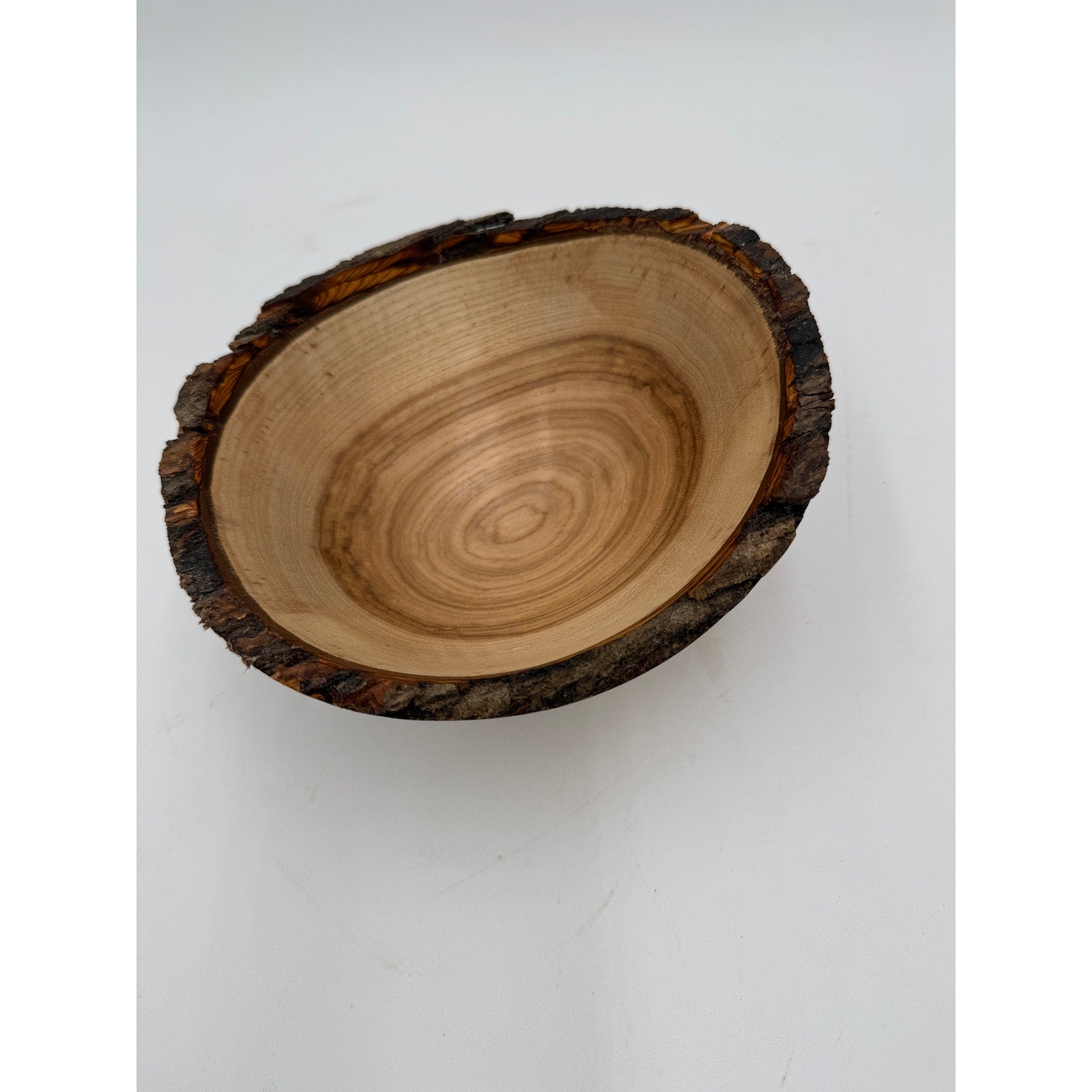 Live Edge Shagbark Hickory Hand Turned Bowl, rustic decor, natural bark rim, 7.5 x 7 x 3.5 in, food safe finish
