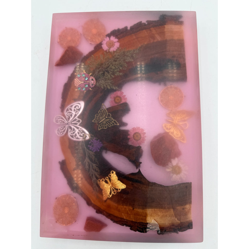 Butterfly Garden Resin Charcuterie Board 12x8, red epoxy art serving tray, embedded wood and florals, ladybug accents, handmade home decor