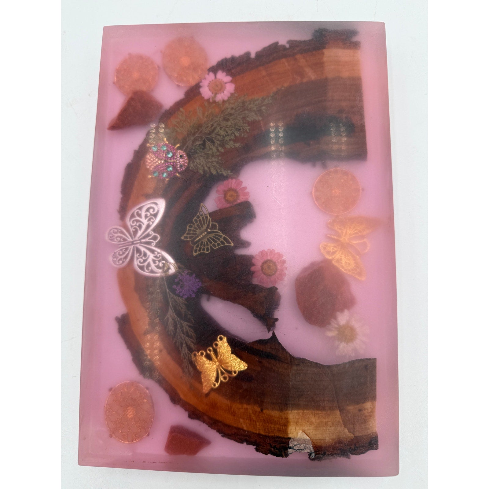 Butterfly Garden Resin Charcuterie Board 12x8, red epoxy art serving tray, embedded wood and florals, ladybug accents, handmade home decor
