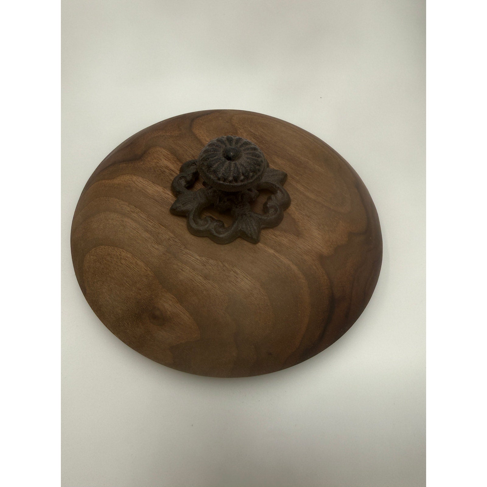 Figured Maple Turned Bowl with Lid, Walnut Top, Wrought Iron Handle, SKU 1464