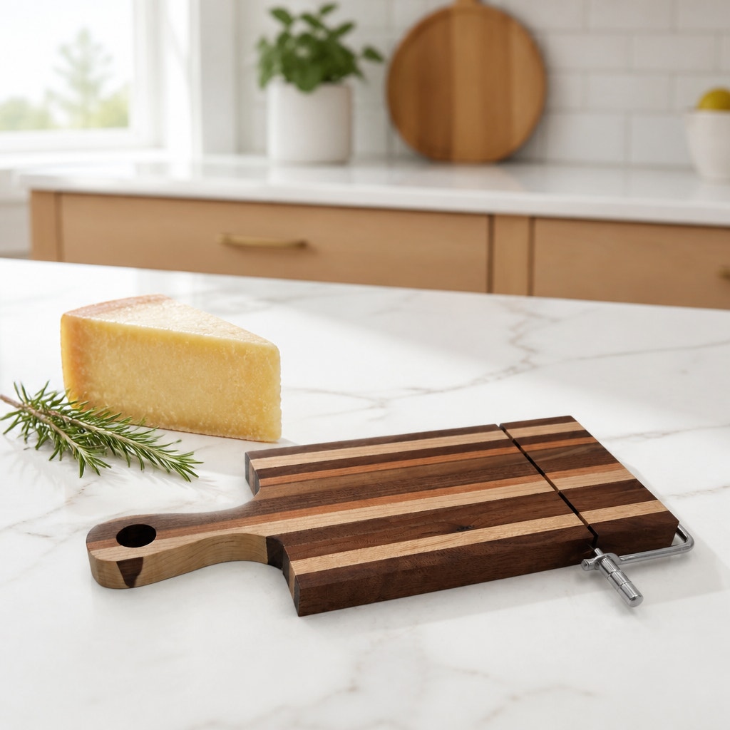 Handcrafted Laminated Hardwood Cheese Cutter, 14x6 Board, Stainless Steel, Replaceable Wire