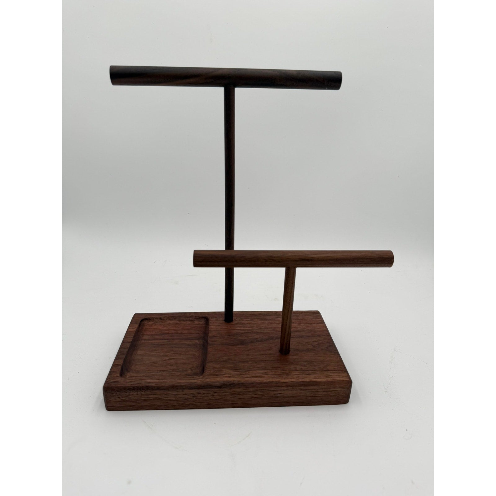Handcrafted walnut jewelry stand, tiered bars with catchall tray, minimalist organizer