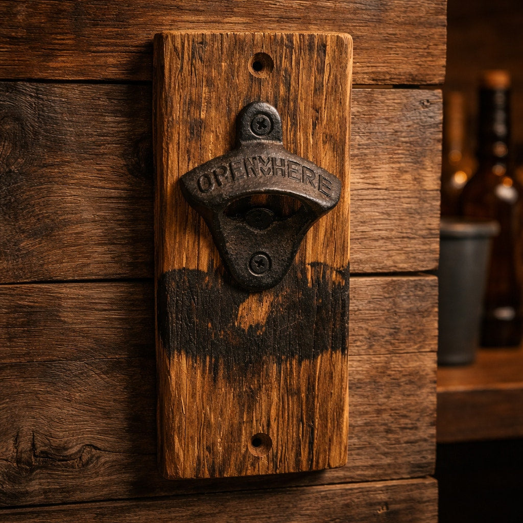 Whiskey Barrel Stave Wall Bottle Opener, rustic bar decor, mounts to wall or cabinet, sturdy cast iron, reclaimed oak
