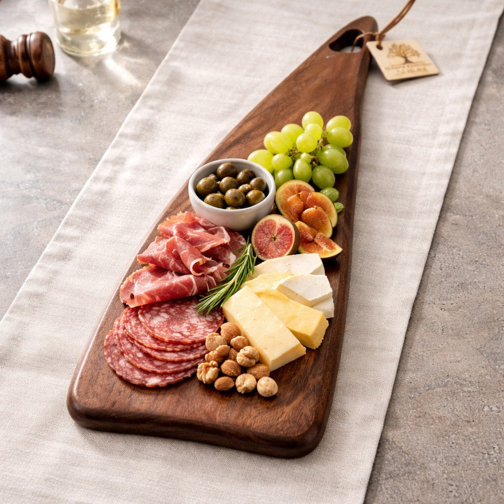 Handcrafted Walnut Charcuterie Serving Board, 19.25 x 5.25 x 1 inches, freeform silhouette with handle, food safe finish, functional and art