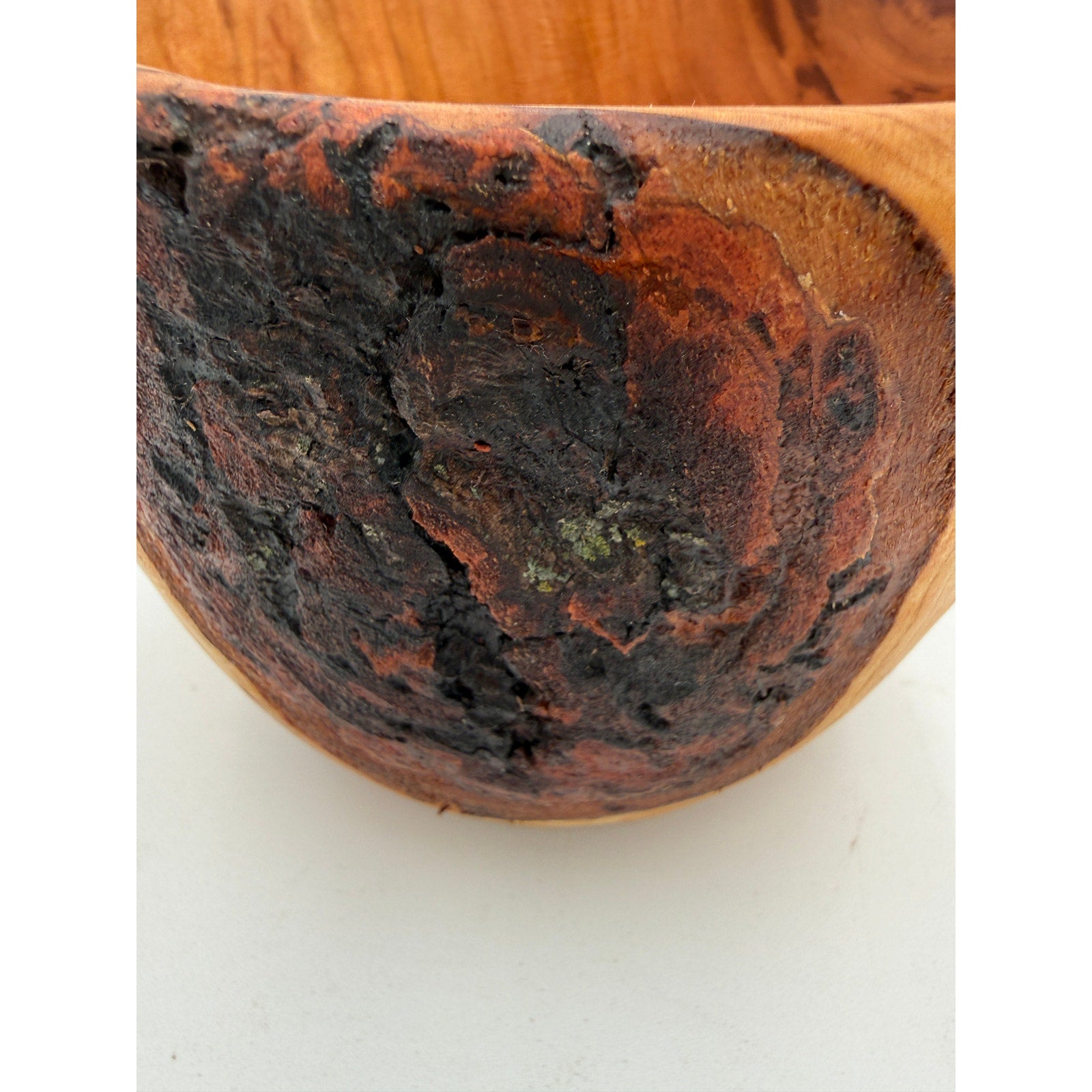 Hand Turned Cherry Wood Bowl with Live Edge, bark inclusion accent, from salvaged cherry log, 5.75" dia x 4.5" tall, hand crafted finish