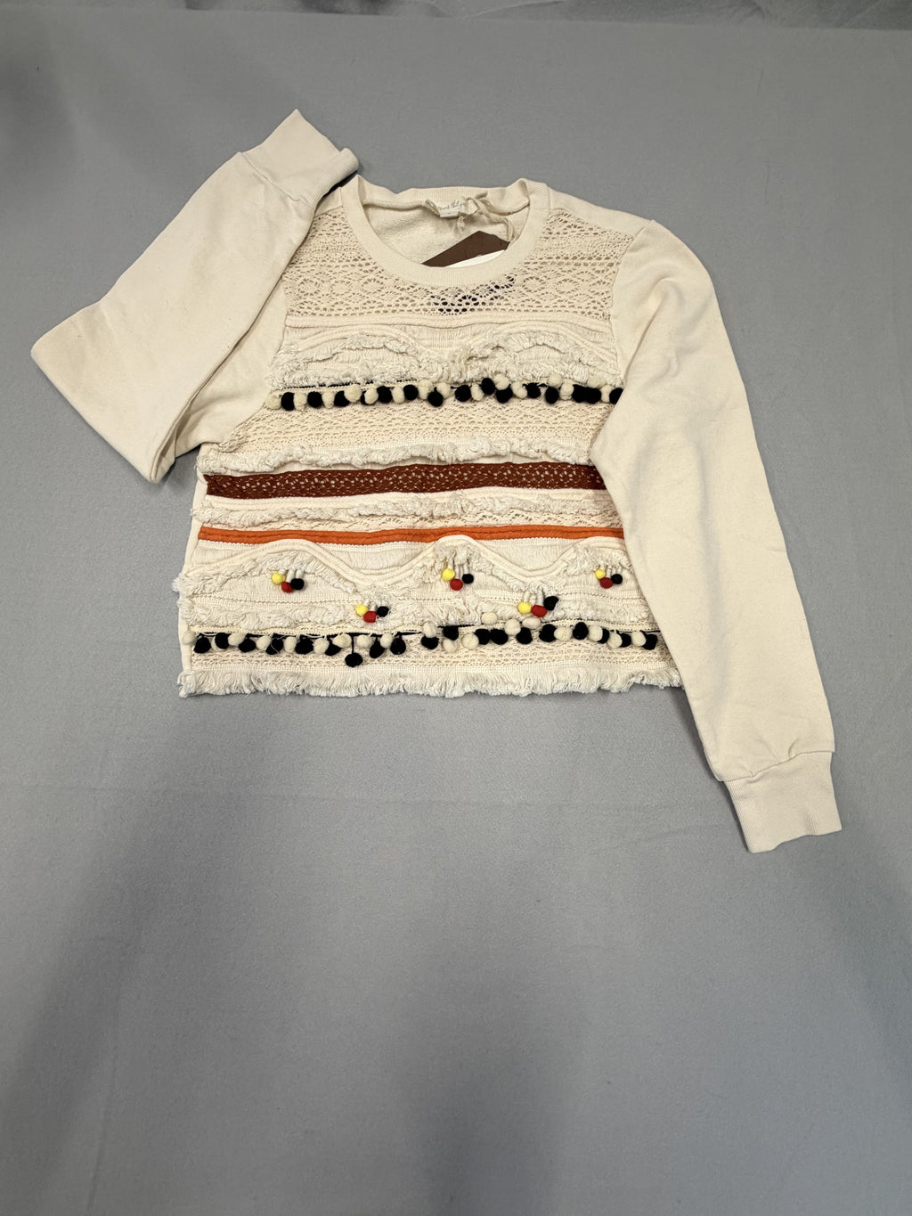 Anthropologie Forever That Girl Fringed Pompom Cream Sweatshirt M Women's NWT - Image 1