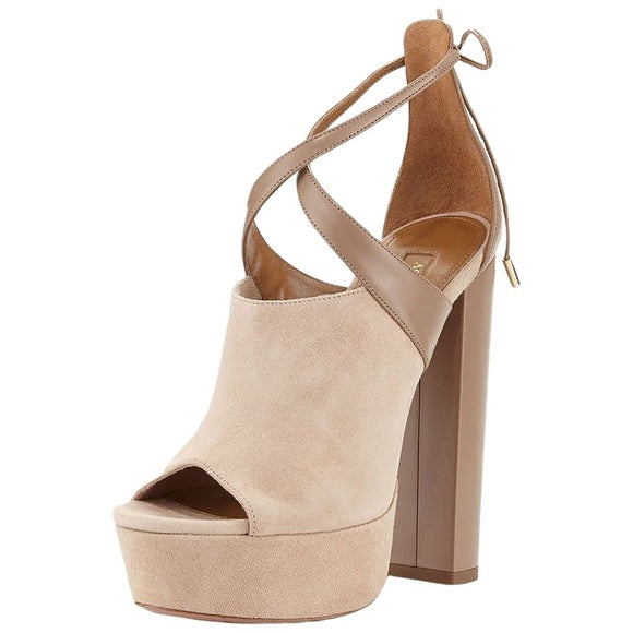 Aquazzura Nude Suede Platform Heels - 6" Chunky Heel Size 9