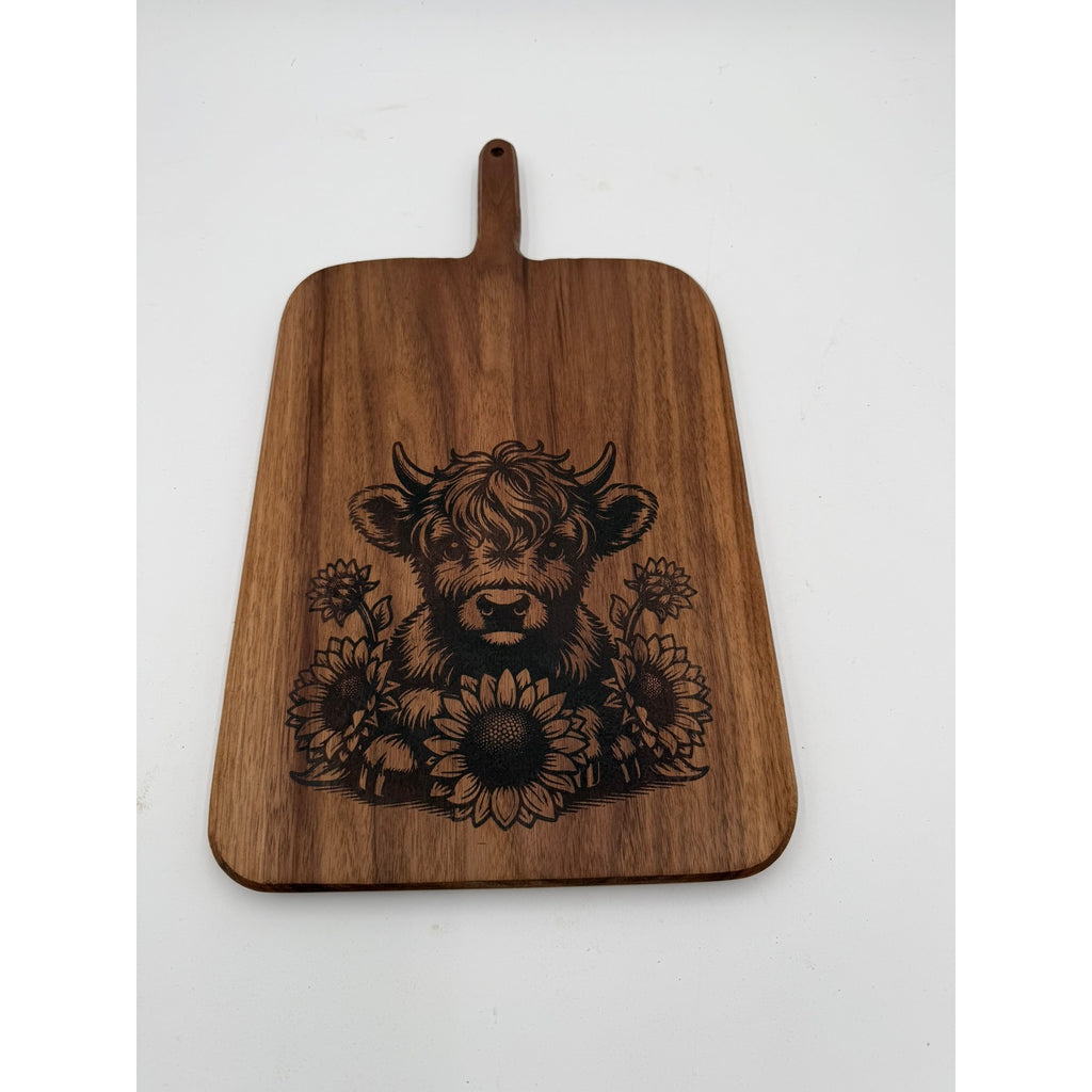 Walnut Charcuterie Board, Wood Burned Cow and Daisies, Handmade Serving Board, Unique Cheese Platter, High Quality
