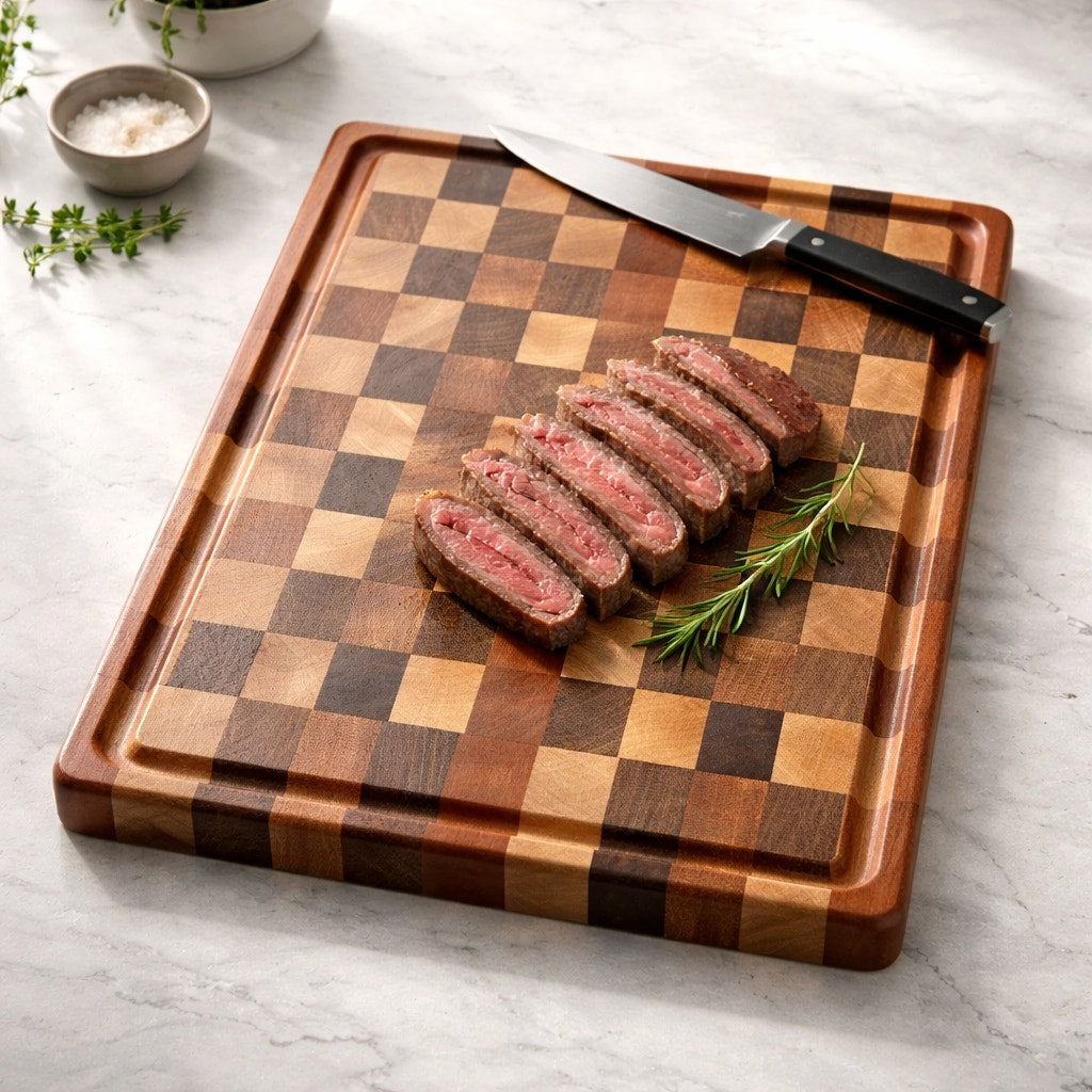 Premium End Grain Cutting Board Handmade, 16.5 x 11.5 x 1.75, mixed hardwoods, juice groove, finger grips, brass feet, gift ready