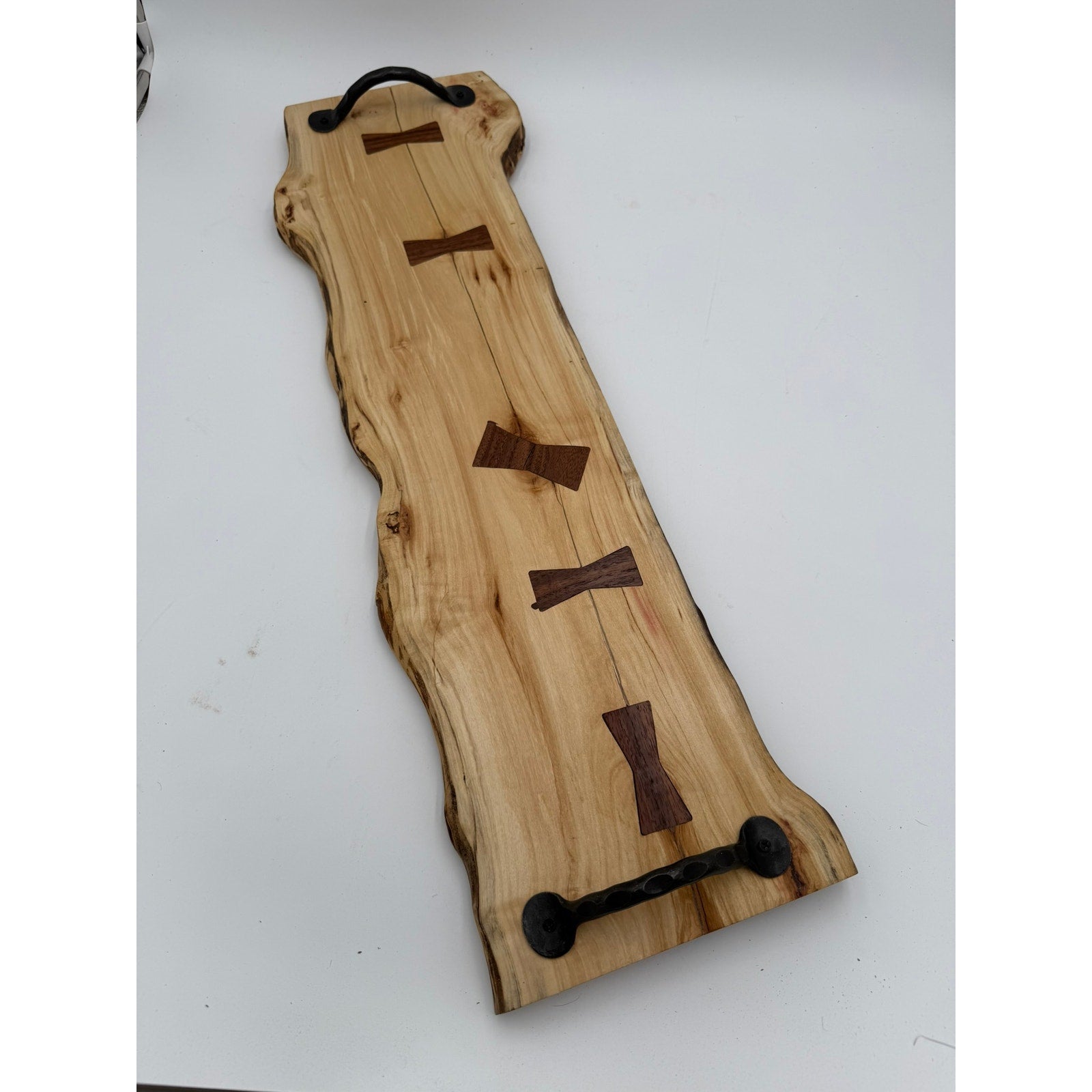 Live Edge Red Box Elder Charcuterie Board, walnut bow tie inlays, black wrought iron handles, 27.5 x 9 x .75, handmade, food safe