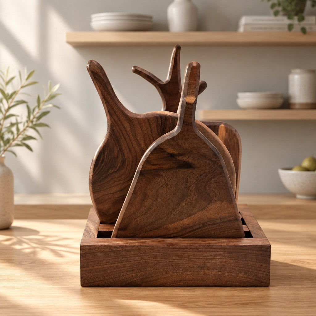 Walnut Charcuterie Board Set with Holder, Handcrafted, Three 8x11 Boards, SKU 1560